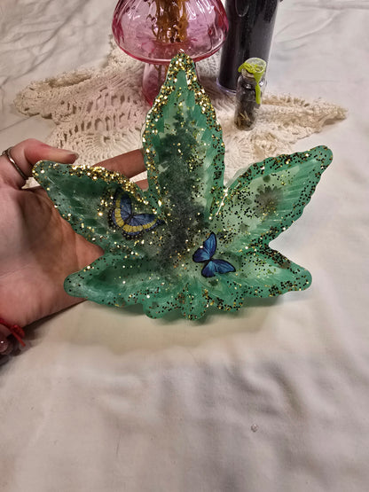 Weed Leaf Resin Ashtray with Crystal Chips Inside